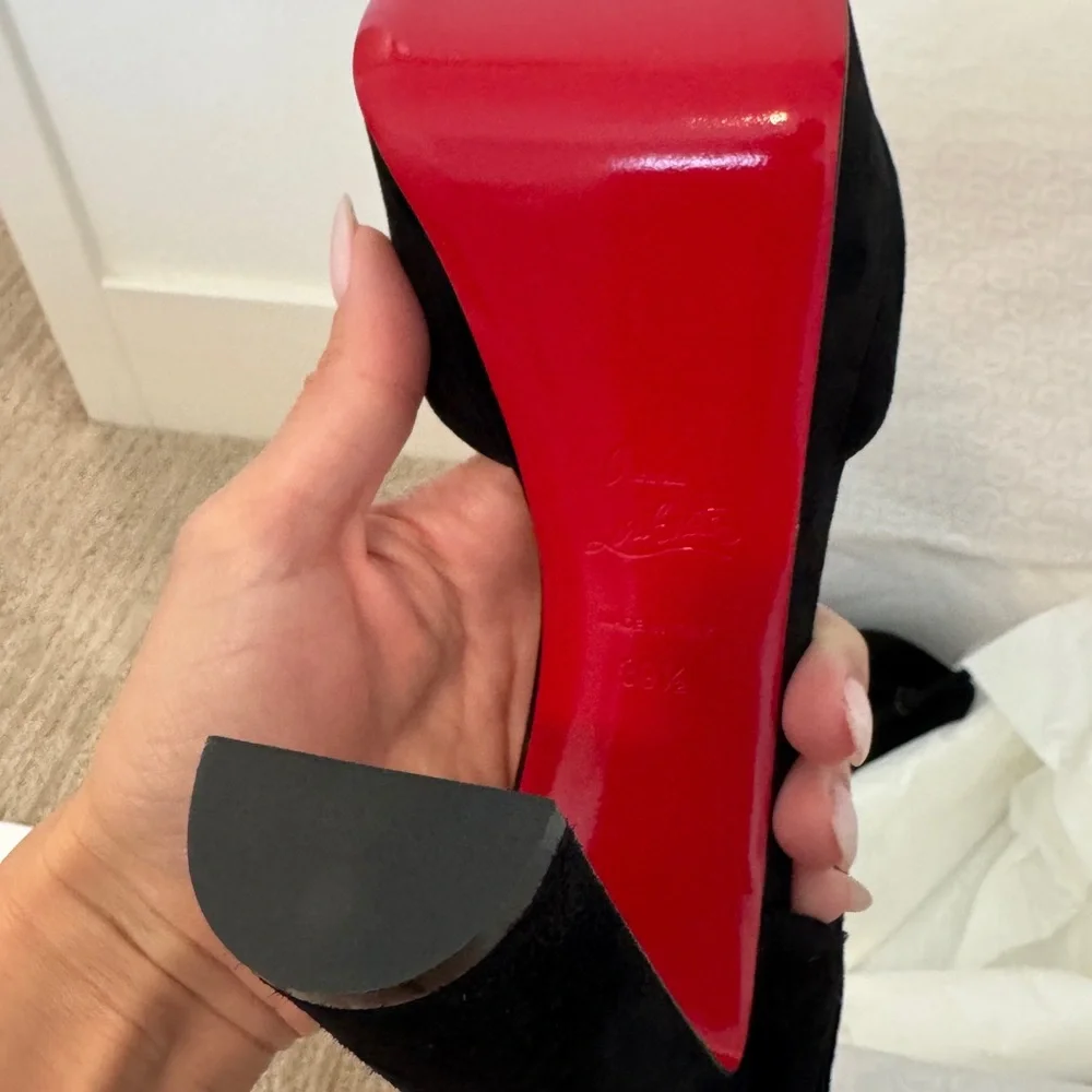 Christian Louboutin Black Suede Platform Peep-Toe Heels with Red Sole